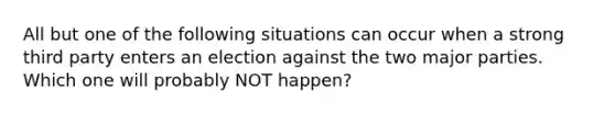 All but one of the following situations can occur when a strong third party enters an election against the two major parties. Which one will probably NOT happen?