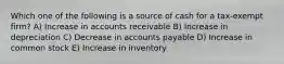 Which one of the following is a source of cash for a tax-exempt firm? A) Increase in accounts receivable B) Increase in depreciation C) Decrease in accounts payable D) Increase in common stock E) Increase in inventory