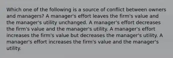 Which one of the following is a source of conflict between owners and managers? A manager's effort leaves the firm's value and the manager's utility unchanged. A manager's effort decreases the firm's value and the manager's utility. A manager's effort increases the firm's value but decreases the manager's utility. A manager's effort increases the firm's value and the manager's utility.