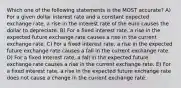 Which one of the following statements is the MOST accurate? A) For a given dollar interest rate and a constant expected exchange rate, a rise in the interest rate of the euro causes the dollar to depreciate. B) For a fixed interest rate, a rise in the expected future exchange rate causes a rise in the current exchange rate. C) For a fixed interest rate, a rise in the expected future exchange rate causes a fall in the current exchange rate. D) For a fixed interest rate, a fall in the expected future exchange rate causes a rise in the current exchange rate. E) For a fixed interest rate, a rise in the expected future exchange rate does not cause a change in the current exchange rate.