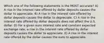 Which one of the following statements is the MOST accurate? A) A rise in the interest rate offered by dollar deposits causes the dollar to appreciate. B) A rise in the interest rate offered by dollar deposits causes the dollar to depreciate. C) A rise in the interest rate offered by dollar deposits does not affect the U.S. dollar. D) For a given euro interest rate and constant expected exchange rate, a rise in the interest rate offered by dollar deposits causes the dollar to appreciate. E) A rise in the interest rate offered by the dollar causes the euro to appreciate.