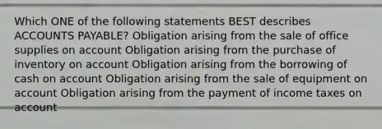 Which ONE of the following statements BEST describes <a href='https://www.questionai.com/knowledge/kWc3IVgYEK-accounts-payable' class='anchor-knowledge'>accounts payable</a>? Obligation arising from the sale of office supplies on account Obligation arising from the purchase of inventory on account Obligation arising from the borrowing of cash on account Obligation arising from the sale of equipment on account Obligation arising from the payment of income taxes on account