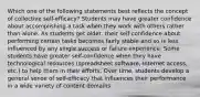 Which one of the following statements best reflects the concept of collective self-efficacy? Students may have greater confidence about accomplishing a task when they work with others rather than alone. As students get older, their self-confidence about performing certain tasks becomes fairly stable and so is less influenced by any single success or failure experience. Some students have greater self-confidence when they have technological resources (spreadsheet software, Internet access, etc.) to help them in their efforts. Over time, students develop a general sense of self-efficacy that influences their performance in a wide variety of content domains.