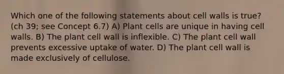 Which one of the following statements about cell walls is true? (ch 39; see Concept 6.7) A) Plant cells are unique in having cell walls. B) The plant cell wall is inflexible. C) The plant cell wall prevents excessive uptake of water. D) The plant cell wall is made exclusively of cellulose.