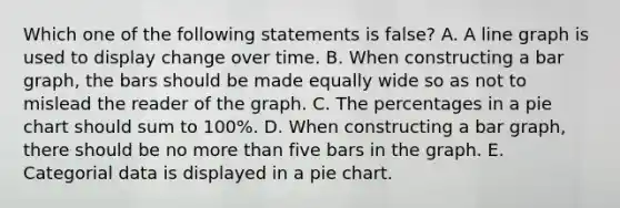 Which one of the following statements is false? A. A line graph is used to display change over time. B. When constructing a bar graph, the bars should be made equally wide so as not to mislead the reader of the graph. C. The percentages in a pie chart should sum to 100%. D. When constructing a bar graph, there should be no more than five bars in the graph. E. Categorial data is displayed in a pie chart.