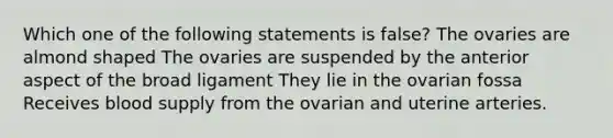 Which one of the following statements is false? The ovaries are almond shaped The ovaries are suspended by the anterior aspect of the broad ligament They lie in the ovarian fossa Receives blood supply from the ovarian and uterine arteries.