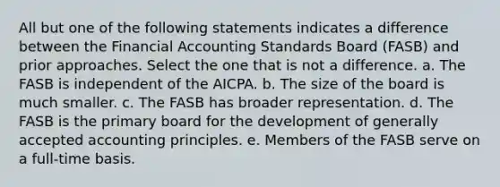 All but one of the following statements indicates a difference between the Financial Accounting Standards Board (FASB) and prior approaches. Select the one that is not a difference. a. The FASB is independent of the AICPA. b. The size of the board is much smaller. c. The FASB has broader representation. d. The FASB is the primary board for the development of generally accepted accounting principles. e. Members of the FASB serve on a full-time basis.