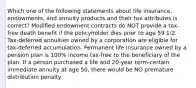 Which one of the following statements about life insurance, endowments, and annuity products and their tax attributes is correct? Modified endowment contracts do NOT provide a tax-free death benefit if the policyholder dies prior to age 59 1/2. Tax-deferred annuities owned by a corporation are eligible for tax-deferred accumulation. Permanent life insurance owned by a pension plan is 100% income tax-free to the beneficiary of the plan. If a person purchased a life and 20-year term-certain immediate annuity at age 50, there would be NO premature distribution penalty