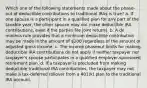 Which one of the following statements made about the phase-out of deductible contributions to traditional IRAs is true? a. If one spouse is a participant in a qualified plan for any part of the taxable year, the other spouse may not make deductible IRA contributions, even if the parties file joint returns. b. A de minimis rule provides that a minimum deductible contribution may be made in the amount of 200 regardless of the amount of adjusted gross income. c. The income phaseout limits for making deductible IRA contributions do not apply if neither taxpayer nor taxpayer's spouse participates in a qualified employer-sponsored retirement plan. d. If a taxpayer is precluded from making deductible traditional IRA contributions, the taxpayer may not make a tax-deferred rollover from a 401(k) plan to the traditional IRA account.