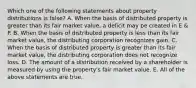 Which one of the following statements about property distributions is false? A. When the basis of distributed property is greater than its fair market value, a deficit may be created in E & P. B. When the basis of distributed property is less than its fair market value, the distributing corporation recognizes gain. C. When the basis of distributed property is greater than its fair market value, the distributing corporation does not recognize loss. D. The amount of a distribution received by a shareholder is measured by using the property's fair market value. E. All of the above statements are true.