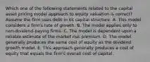 Which one of the following statements related to the capital asset pricing model approach to equity valuation is correct? Assume the firm uses debt in its capital structure. A. This model considers a firm's rate of growth. B. The model applies only to non-dividend-paying firms. C. The model is dependent upon a reliable estimate of the market risk premium. D. The model generally produces the same cost of equity as the dividend growth model. E. This approach generally produces a cost of equity that equals the firm's overall cost of capital.