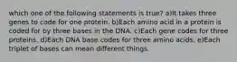 which one of the following statements is true? a)It takes three genes to code for one protein. b)Each amino acid in a protein is coded for by three bases in the DNA. c)Each gene codes for three proteins. d)Each DNA base codes for three amino acids. e)Each triplet of bases can mean different things.