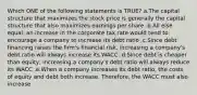 Which ONE of the following statements is TRUE? a.The capital structure that maximizes the stock price is generally the capital structure that also maximizes earnings per share .b.All else equal, an increase in the corporate tax rate would tend to encourage a company to increase its debt ratio .c.Since debt financing raises the firm's financial risk, increasing a company's debt ratio will always increase its WACC. d.Since debt is cheaper than equity, increasing a company's debt ratio will always reduce its WACC .e.When a company increases its debt ratio, the costs of equity and debt both increase. Therefore, the WACC must also increase.