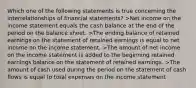 Which one of the following statements is true concerning the interrelationships of financial statements? >Net income on the income statement equals the cash balance at the end of the period on the balance sheet. >The ending balance of retained earnings on the statement of retained earnings is equal to net income on the income statement. >The amount of net income on the income statement is added to the beginning retained earnings balance on the statement of retained earnings. >The amount of cash used during the period on the statement of cash flows is equal to total expenses on the income statement