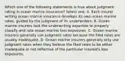 Which one of the following statements is true about judgment rating in ocean marine insurance? Select one: A. Each insurer writing ocean marine insurance develops its own ocean marine rates, guided by the judgment of its underwriters. B. Ocean marine insurers lack the underwriting expertise to properly classify and rate ocean marine loss exposures. C. Ocean marine insurers generally use judgment rates because the filed rates are usually inadequate. D. Ocean marine insurers generally only use judgment rates when they believe the filed rates to be either inadequate or not reflective of the particular insured's loss exposures.