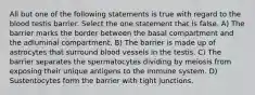 All but one of the following statements is true with regard to the blood testis barrier. Select the one statement that is false. A) The barrier marks the border between the basal compartment and the adluminal compartment. B) The barrier is made up of astrocytes that surround blood vessels in the testis. C) The barrier separates the spermatocytes dividing by meiosis from exposing their unique antigens to the immune system. D) Sustentocytes form the barrier with tight junctions.