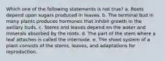 Which one of the following statements is not true? a. Roots depend upon sugars produced in leaves. b. The terminal bud in many plants produces hormones that inhibit growth in the axillary buds. c. Stems and leaves depend on the water and minerals absorbed by the roots. d. The part of the stem where a leaf attaches is called the internode. e. The shoot system of a plant consists of the stems, leaves, and adaptations for reproduction.