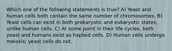 Which one of the following statements is true? A) Yeast and human cells both contain the same number of chromosomes. B) Yeast cells can exist in both prokaryotic and eukaryotic states, unlike human cells. C) At some point in their life cycles, both yeast and humans exist as haploid cells. D) Human cells undergo meiosis; yeast cells do not.