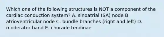 Which one of the following structures is NOT a component of the <a href='https://www.questionai.com/knowledge/km9HYGGeec-cardiac-conduction' class='anchor-knowledge'>cardiac conduction</a> system? A. sinoatrial (SA) node B atrioventricular node C. bundle branches (right and left) D. moderator band E. chorade tendinae