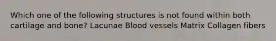 Which one of the following structures is not found within both cartilage and bone? Lacunae Blood vessels Matrix Collagen fibers