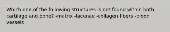 Which one of the following structures is not found within both cartilage and bone? -matrix -lacunae -collagen fibers -blood vessels