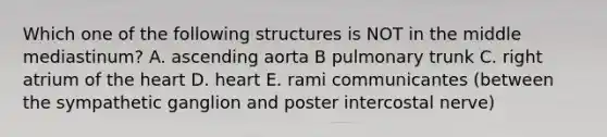 Which one of the following structures is NOT in the middle mediastinum? A. ascending aorta B pulmonary trunk C. right atrium of the heart D. heart E. rami communicantes (between the sympathetic ganglion and poster intercostal nerve)