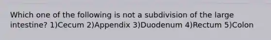 Which one of the following is not a subdivision of the large intestine? 1)Cecum 2)Appendix 3)Duodenum 4)Rectum 5)Colon