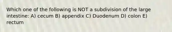 Which one of the following is NOT a subdivision of the large intestine: A) cecum B) appendix C) Duodenum D) colon E) rectum