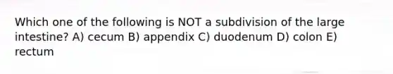 Which one of the following is NOT a subdivision of the large intestine? A) cecum B) appendix C) duodenum D) colon E) rectum