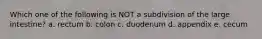 Which one of the following is NOT a subdivision of the large intestine? a. rectum b. colon c. duodenum d. appendix e. cecum