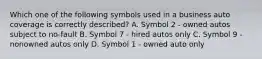 Which one of the following symbols used in a business auto coverage is correctly described? A. Symbol 2 - owned autos subject to no-fault B. Symbol 7 - hired autos only C. Symbol 9 - nonowned autos only D. Symbol 1 - owned auto only