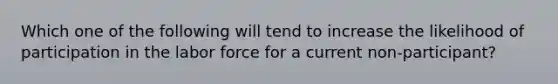 Which one of the following will tend to increase the likelihood of participation in the labor force for a current non-participant?