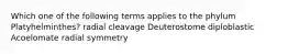 Which one of the following terms applies to the phylum Platyhelminthes? radial cleavage Deuterostome diploblastic Acoelomate radial symmetry