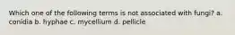 Which one of the following terms is not associated with fungi? a. conidia b. hyphae c. mycellium d. pellicle