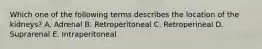 Which one of the following terms describes the location of the kidneys? A. Adrenal B. Retroperitoneal C. Retroperineal D. Suprarenal E. Intraperitoneal