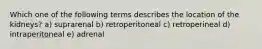 Which one of the following terms describes the location of the kidneys? a) suprarenal b) retroperitoneal c) retroperineal d) intraperitoneal e) adrenal