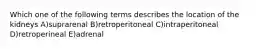 Which one of the following terms describes the location of the kidneys A)suprarenal B)retroperitoneal C)intraperitoneal D)retroperineal E)adrenal