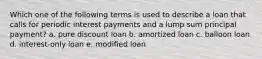 Which one of the following terms is used to describe a loan that calls for periodic interest payments and a lump sum principal payment? a. pure discount loan b. amortized loan c. balloon loan d. interest-only loan e. modified loan