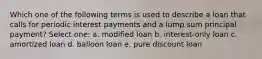 Which one of the following terms is used to describe a loan that calls for periodic interest payments and a lump sum principal payment? Select one: a. modified loan b. interest-only loan c. amortized loan d. balloon loan e. pure discount loan