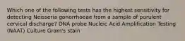 Which one of the following tests has the highest sensitivity for detecting Neisseria gonorrhoeae from a sample of purulent cervical discharge? DNA probe Nucleic Acid Amplification Testing (NAAT) Culture Gram's stain