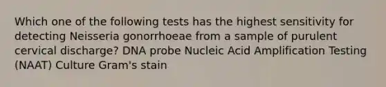 Which one of the following tests has the highest sensitivity for detecting Neisseria gonorrhoeae from a sample of purulent cervical discharge? DNA probe Nucleic Acid Amplification Testing (NAAT) Culture Gram's stain