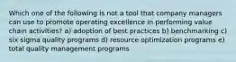 Which one of the following is not a tool that company managers can use to promote operating excellence in performing value chain activities? a) adoption of best practices b) benchmarking c) six sigma quality programs d) resource optimization programs e) total quality management programs