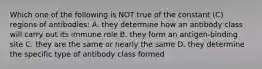 Which one of the following is NOT true of the constant (C) regions of antibodies: A. they determine how an antibody class will carry out its immune role B. they form an antigen-binding site C. they are the same or nearly the same D. they determine the specific type of antibody class formed