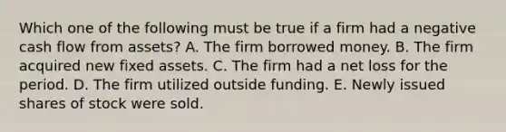 Which one of the following must be true if a firm had a negative cash flow from assets? A. The firm borrowed money. B. The firm acquired new fixed assets. C. The firm had a net loss for the period. D. The firm utilized outside funding. E. Newly issued shares of stock were sold.