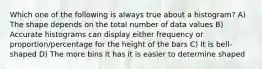 Which one of the following is always true about a histogram? A) The shape depends on the total number of data values B) Accurate histograms can display either frequency or proportion/percentage for the height of the bars C) It is bell-shaped D) The more bins it has it is easier to determine shaped