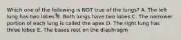 Which one of the following is NOT true of the lungs? A. The left lung has two lobes B. Both lungs have two lobes C. The narrower portion of each lung is called the apex D. The right lung has three lobes E. The bases rest on the diaphragm