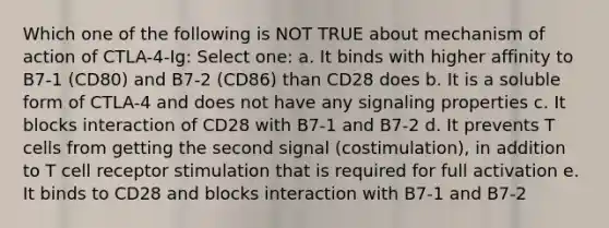 Which one of the following is NOT TRUE about mechanism of action of CTLA-4-Ig: Select one: a. It binds with higher affinity to B7-1 (CD80) and B7-2 (CD86) than CD28 does b. It is a soluble form of CTLA-4 and does not have any signaling properties c. It blocks interaction of CD28 with B7-1 and B7-2 d. It prevents T cells from getting the second signal (costimulation), in addition to T cell receptor stimulation that is required for full activation e. It binds to CD28 and blocks interaction with B7-1 and B7-2