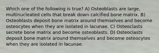 Which one of the following is true? A) Osteoblasts are large, multinucleated cells that break down calcified bone matrix. B) Osteoblasts deposit bone matrix around themselves and become osteocytes when they are isolated in lacunae. C) Osteoclasts secrete bone matrix and become osteoblasts. D) Osteoclasts deposit bone matrix around themselves and become osteocytes when they are isolated in lacunae.