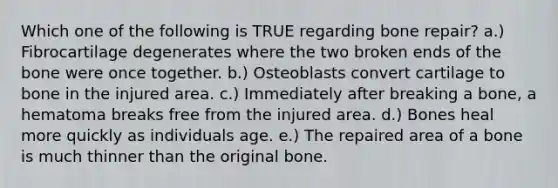 Which one of the following is TRUE regarding bone repair? a.) Fibrocartilage degenerates where the two broken ends of the bone were once together. b.) Osteoblasts convert cartilage to bone in the injured area. c.) Immediately after breaking a bone, a hematoma breaks free from the injured area. d.) Bones heal more quickly as individuals age. e.) The repaired area of a bone is much thinner than the original bone.