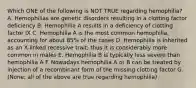 Which ONE of the following is NOT TRUE regarding hemophilia? A. Hemophilias are genetic disorders resulting in a clotting factor deficiency B. Hemophilia A results in a deficiency of clotting factor IX C. Hemophilia A is the most common hemophilia, accounting for about 85% of the cases D. Hemophilia is inherited as an X-linked recessive trait; thus it is considerably more common in males E. Hemophilia B is typically less severe than hemophilia A F. Nowadays hemophilia A or B can be treated by injection of a recombinant form of the missing clotting factor G. (None; all of the above are true regarding hemophilia)